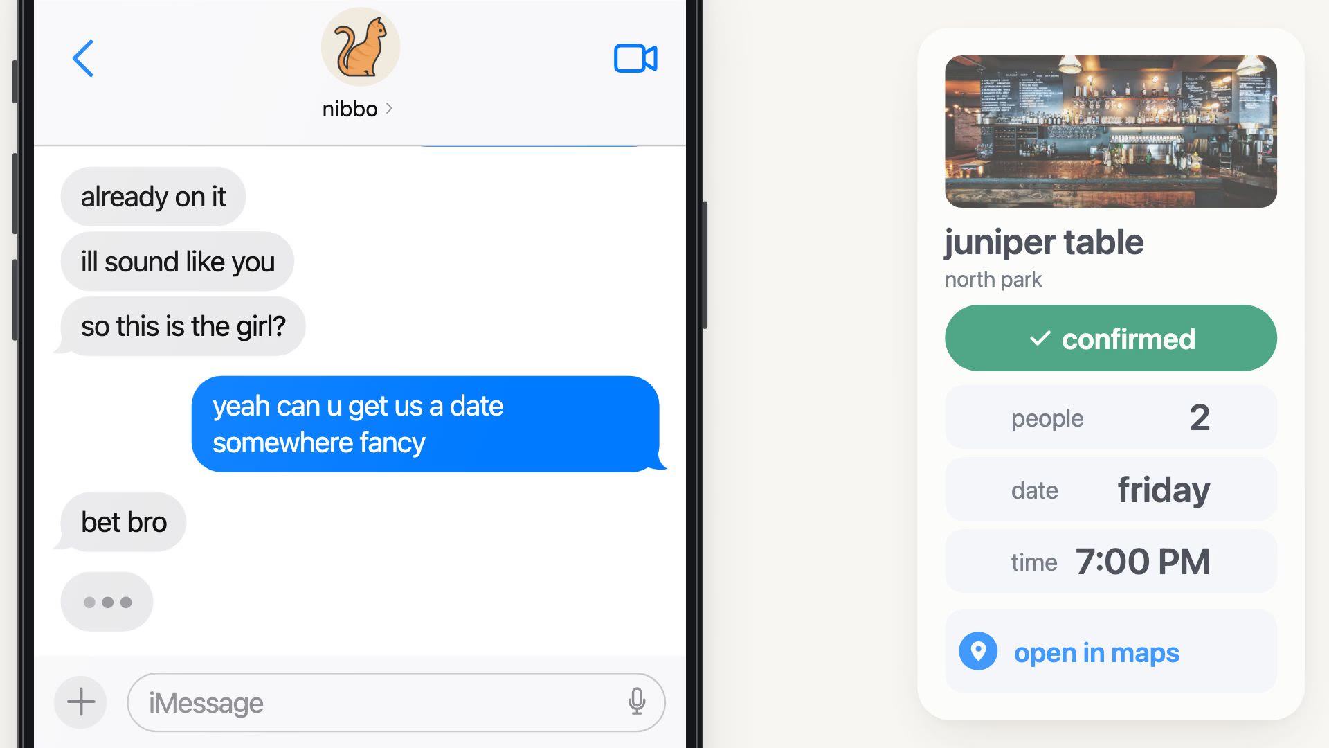 Demo: Nibbo texts on your behalf in your own voice, checks your week, and books a Friday dinner reservation.